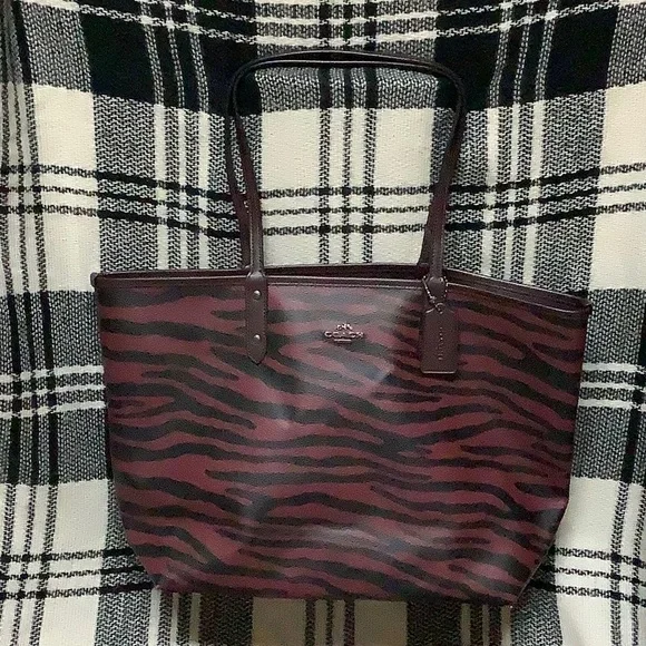 Coach | Bags | Coach Burgundy Black Zebra Print Reversible Leather